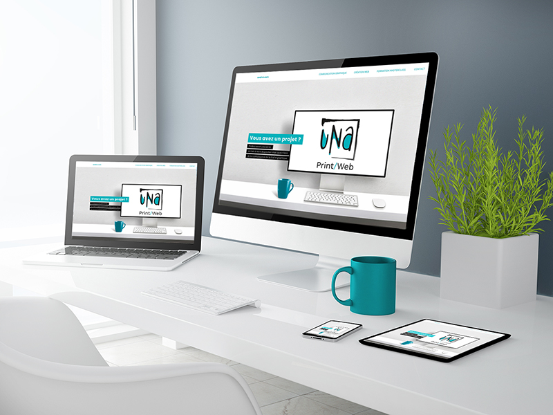 3d rendering of desktop with all devices showing responsive website. All screen graphics are made up.